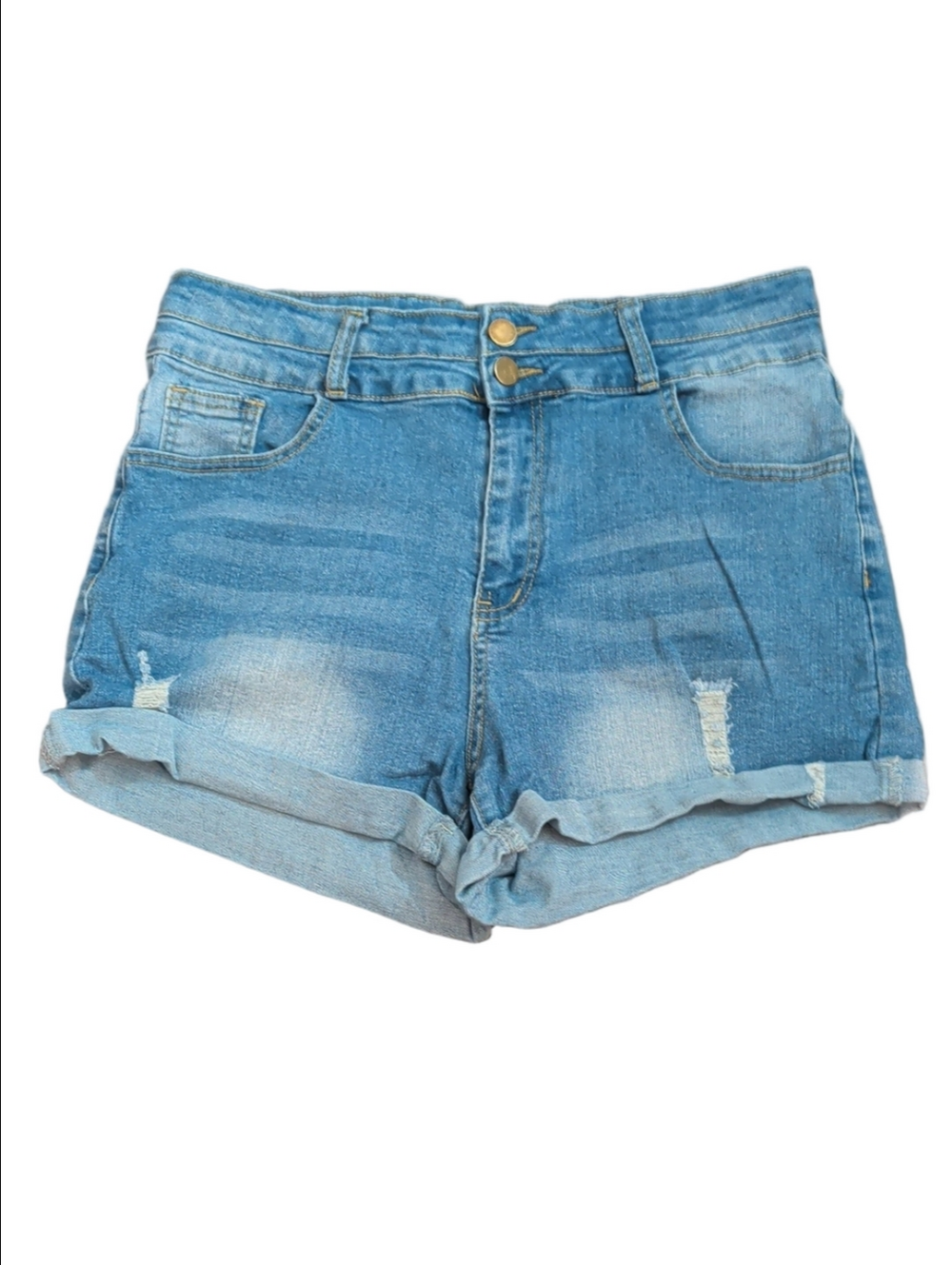 High-Rise Light Blue Rolled-Hem Denim Shorts